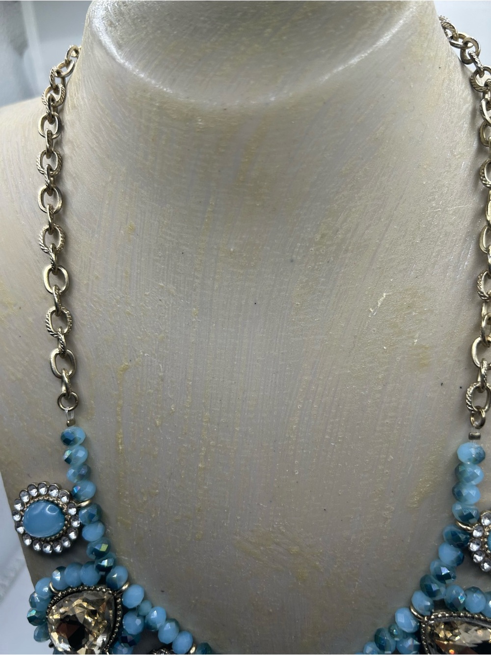 Statement blue champagne necklace teardrop oval cabochons mixed metal ornate - Picture 6 of 9